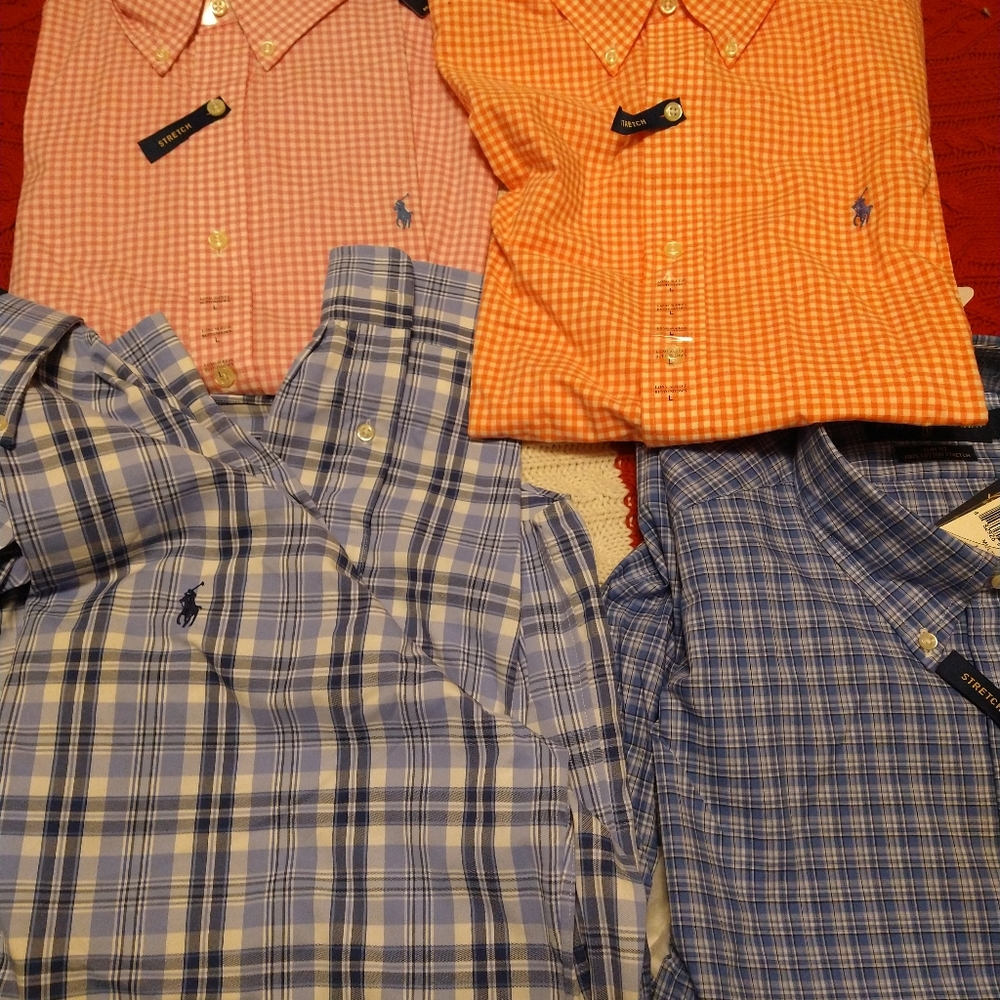 4 New beautiful Ralph Lauren Polo Men dress shirt, size large except  lower lef